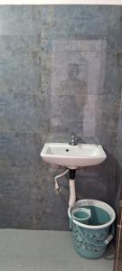 a bathroom with a sink and a bucket at Grace Cottage in Ooty