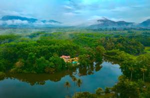 an aerial view of a house on a island in a river at Foresta Thattekkadu Pool Resort in Thattakād