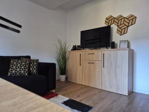 a living room with a television on a wooden cabinet at OTILIA apartment in Zell am See