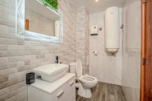 a bathroom with a toilet and a sink and a mirror at Holiday home with indoor fireplace in Pamporovo +4 photos