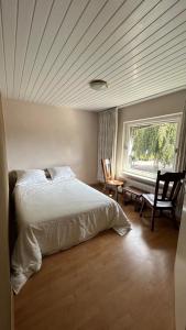 a bedroom with a bed and a window and a desk at Entire Villa, free breakfast, free parking in Veldhoven