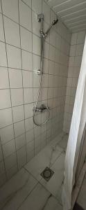 a shower in a bathroom with a tiled floor at Entire Villa, free breakfast, free parking in Veldhoven +10 photos