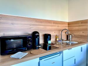 a kitchen counter with a microwave and a sink at Le petit chartreux in Grenoble