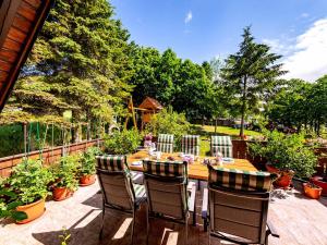 a wooden table and chairs on a patio with plants at Ferienhaus Am Sonnenstein in Holungen