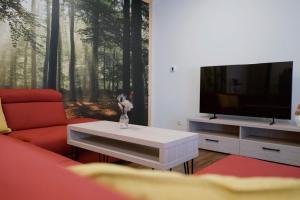 a living room with a red couch and a tv at Apartmán Antýgl - ubytování s domácími mazlíčky in Modrava