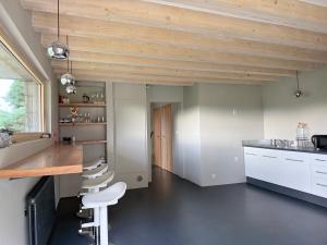 a kitchen with white cabinets and a wooden ceiling at Chata Nola Slapy in Křečovice
