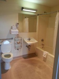 Un baño con inodoro, lavabo y ducha. en Hoosier Inn- Portland, en Portland