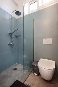 a bathroom with a toilet and a glass shower at Muse Studios & Apartments Escape in Agia Marina Aegina