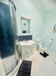 Un baño con ducha, lavabo e inodoro. en Modern 1-Bed Retreat in heart of newark-with ease access to local attractions and transport, en Newark-on-Trent