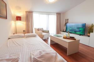 a bedroom with a bed and a living room at Cozy 1BR With Spa Near Ski Lift in Bansko +46 photos