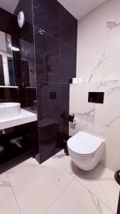 un bagno bianco con un water e un lavandino di SoLo a Kołobrzeg