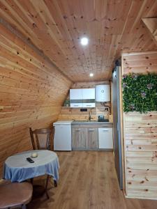 a room with a table and a kitchen in a house at A-frame Râu Sadului in Rau Sadului +12 photos