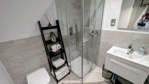 a bathroom with a shower and a toilet and a sink at 1 Bed with Balcony in Maidenhead by Elizabeth Line in Maidenhead