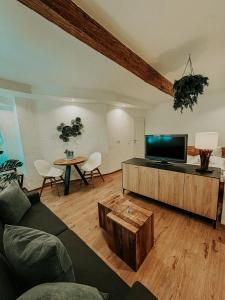 a living room with a couch and a tv and a table at Wohnen in der Altstadt - Wohnungen und Studio in Gundelsheim