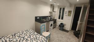 a small bathroom with a sink and a bed at maison en duplex , Montargis in Montargis