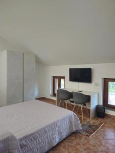 a bedroom with a bed and a desk and a television at Cascina del Gelso - b&b in Santena