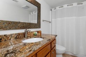 a bathroom with a sink and a toilet and a mirror at Ledges 72 with Wintergreen Advantage in Wintergreen +6 photos