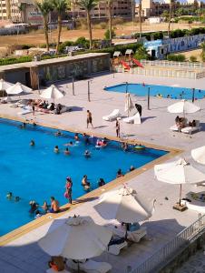a group of people in a swimming pool with umbrellas at Scandic resort سكاندك in Banī Ghālib +7 photos