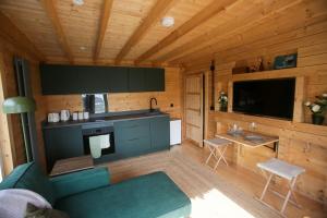 a living room with a blue couch in a cabin at Fishers Rest in Lybster