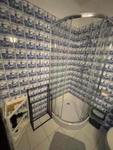 a bathroom with a shower with blue and white tiles at Willa Szwadron in Łańcut +62 photos