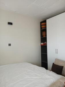 a bedroom with a bed and a book shelf at A cozy spacious studio apartment with a balcony in Nairobi