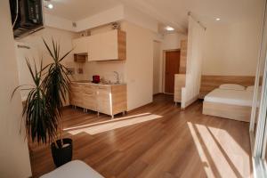 a bedroom with a bed and a sink in a room at Cathedral park studio in Chişinău