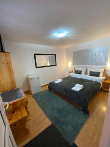 a bedroom with a large bed with a green rug at Pensiunea Maria in Lacu Rosu