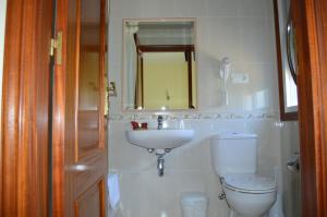 a bathroom with a toilet and a sink and a mirror at A Fontiña in Montalvo +43 photos