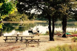 un tavolo da picnic e panchine di fronte a un lago di Private Lakefront Retreat The Cottage at Haven a Swain Altre 32 foto
