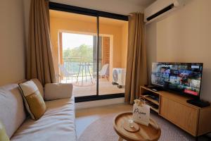 a living room with a couch and a flat screen tv at Stéphi - Superbe T2 accès plage, piscine chauffée in Pianottoli-Caldarello +24 photos