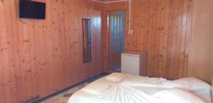 a bedroom with a bed with wooden walls and a television at Casa rustica1 in Mamaia Nord