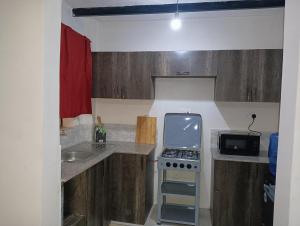 een kleine keuken met een fornuis en een magnetron bij Cozy Homes Kitengela in Nairobi