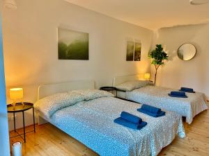 twee bedden in een kamer met blauwe kussens erop bij Luxury 130 m2 Apartment with Garden in Wenen