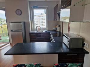 a kitchen with a counter with a microwave and a refrigerator at Apartamenty Centrum Studio Zagnańska in Kielce