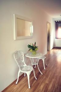 a table and two chairs and a table with a plant at Hostel Art Gradiska in Bosanska Gradiška