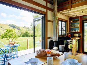 a kitchen with a stove and a large window at The Mallard Shepherd's Hut with Hot Tub in Brecon +14 photos