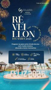 a movie poster for a resort with a beach and fireworks at The Coral Beach Resort by Atlantica in Flecheiras