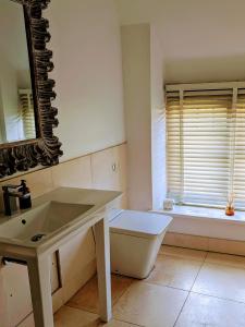 a bathroom with a sink and a toilet and a mirror at The Crown at Shipton in Shipton under Wychwood