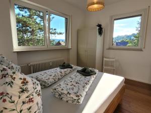 a bedroom with two beds and two windows at Ferienwohnung Ankerplatz Wangen in Öhningen