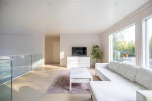 un soggiorno con un divano bianco e una TV di Villa Aurora Ryti a Rovaniemi