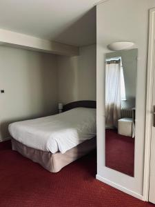 a bedroom with a large bed and a mirror at La Renaudière in Isbergues