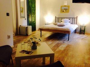 1 dormitorio con 1 cama con mesa y puerta verde en Pensiunea Bia Papadia en Bicaz