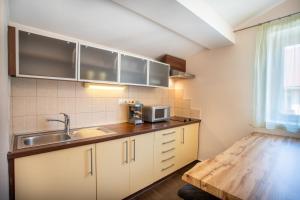 een keuken met een spoelbak en een magnetron bij Avanti Apartman - Avanti Tutti in Balatonboglár