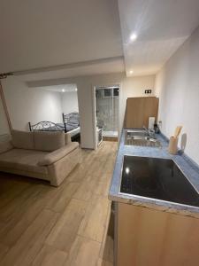 een keuken en een woonkamer met een wastafel en een bank bij Pendler Montagewohnung Kandern, Lörrach, Basel D,CH, FR 