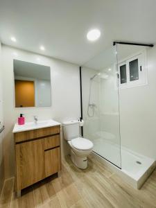 a bathroom with a toilet and a glass shower at Palacio de Larrinaga in Zaragoza +10 photos