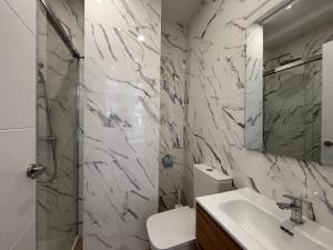 a bathroom with a toilet and a sink and a mirror at Gabika Apartment 2 in Bilbao