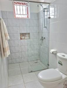 a bathroom with a shower and a toilet at African Dream Cottages - Diani Beach in Diani Beach