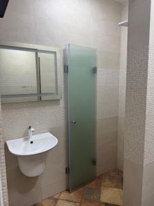 Un baño con lavabo y ducha con espejo. en Fortuna Mare, en Odessa 10 fotos más