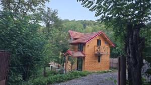 a small brick house with a red roof at Chalet Panoramic Maluri in Vişineşti