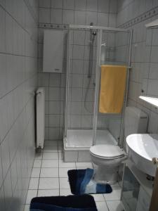 a bathroom with a shower and a toilet and a sink at Ferienwohnung Am Bach in Rees